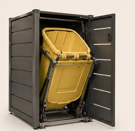 Geöffnete HALABOX mit gekippter Tonne