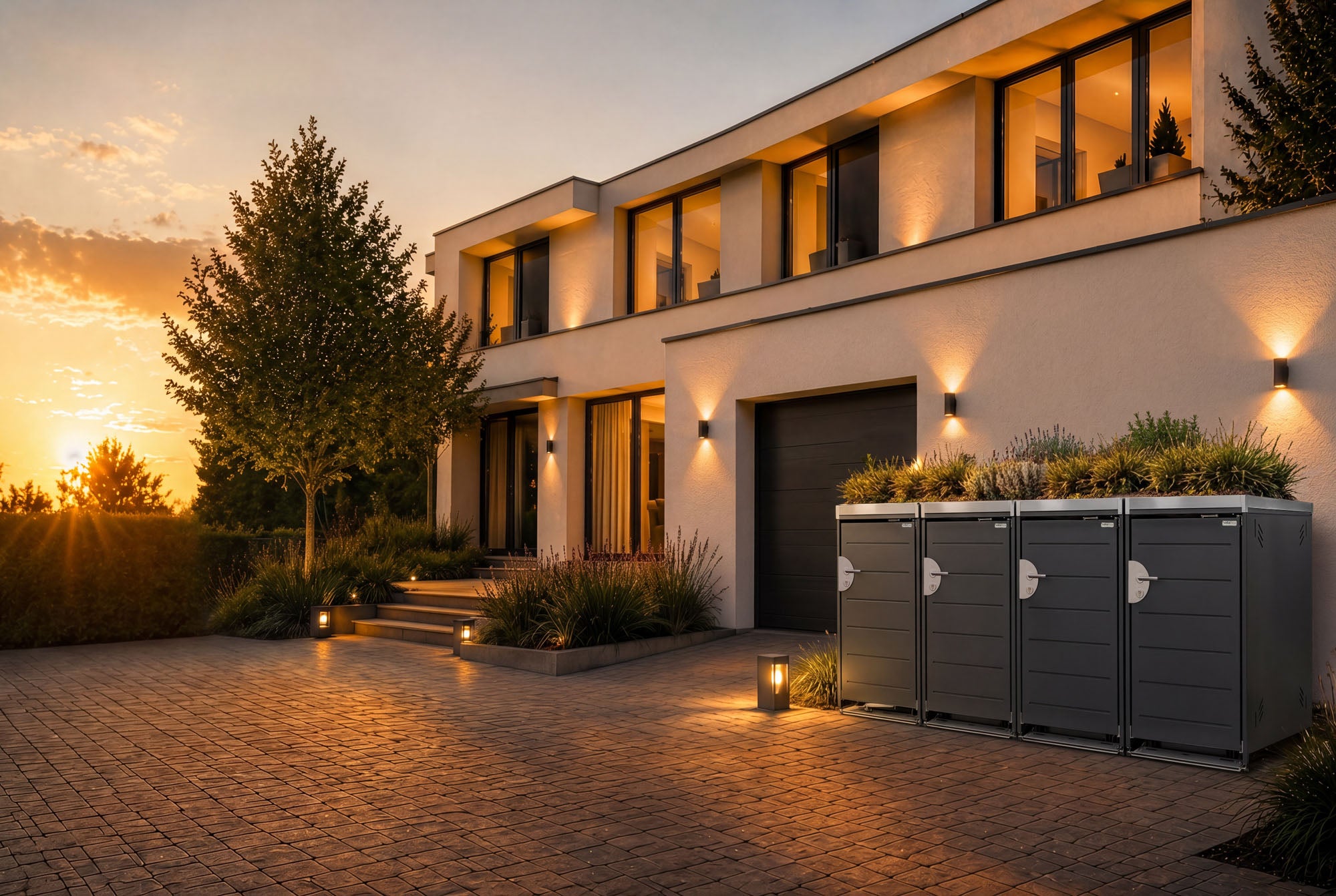 HALABOX Mülltonnenboxen aus Aluminium vor modernem Haus im Sonnenuntergang