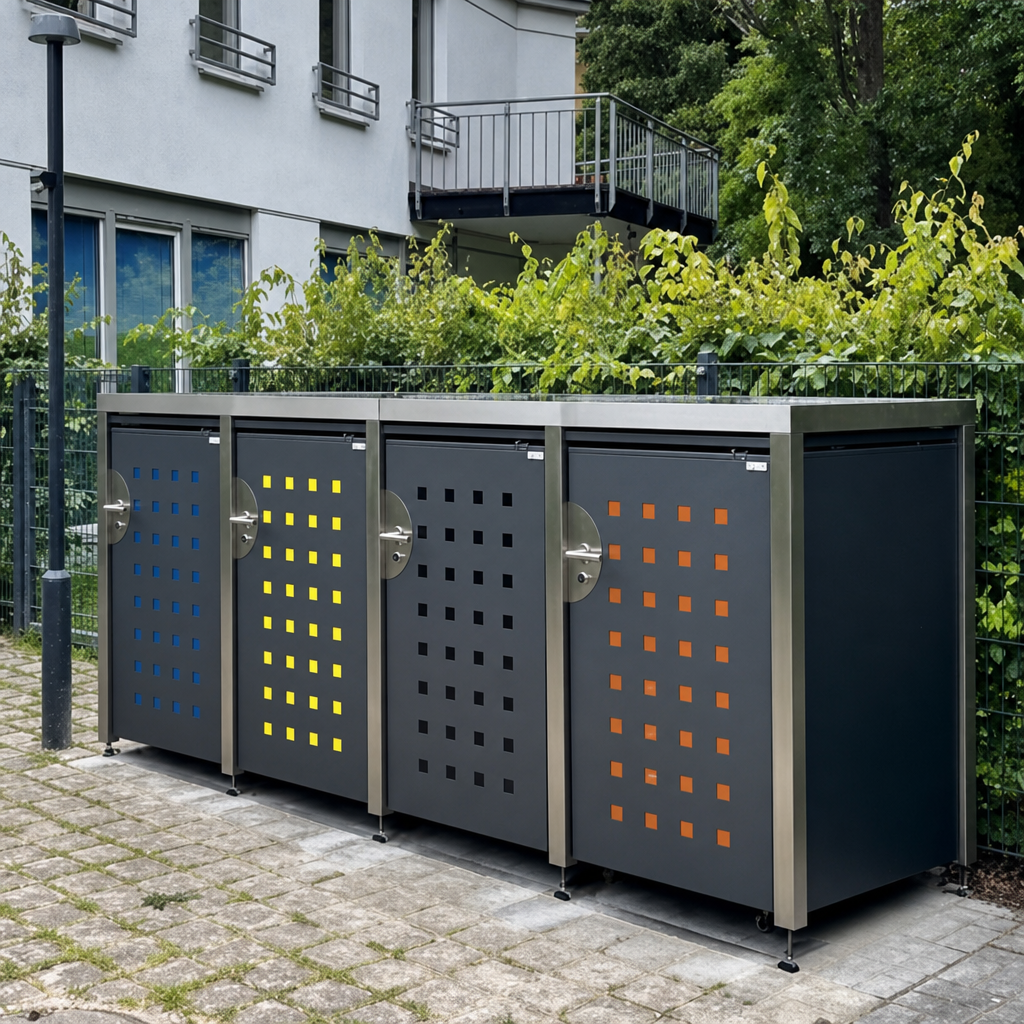 HALABOX Referenzanlage mit mehreren Türdesigns im Außenbereich